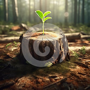 Young plant sprout growing inside a wood trunk, in a forest damaged by excessive deforestation