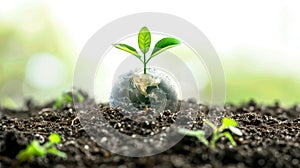 Young plant sprouting from a globe in soil, symbolizing hope and renewal for the Earth.