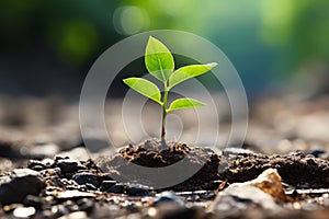 a young plant sprouting from the ground in the middle of a dirt field