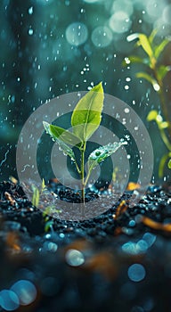 Young Plant Sprouting with Raindrops on Leaves