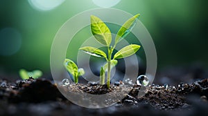 a young plant sprouting from the soil with water droplets