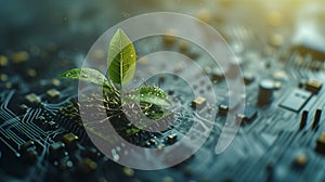 A young plant sprouts from a circuit board