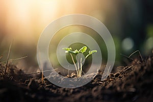 a young plant sprouts from the ground in the sunbeams of a sunny day in a garden of dirt and grass, in the sunbeams