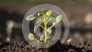 a young plant sprouts out of the ground in the dirt. generative ai