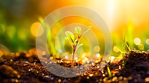 Young plant in the sunlight growing from the soil