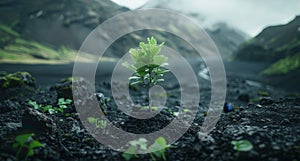 Young plant thriving in a volcanic landscape photo