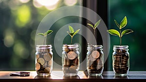 Young plants growing from coins in several savings jars, saving money for future, alternative investments and sustainability