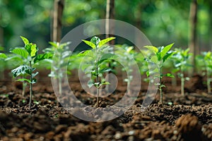 Young plants growing in fertile soil with sunlight photo