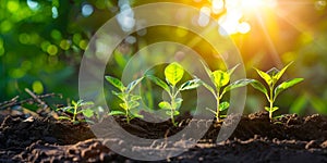 Young plants growing in the soil with sunlight