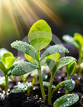 Young plants growing in the sunlight