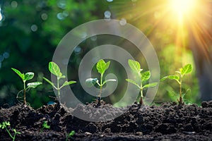 Young plants growing in sunlight