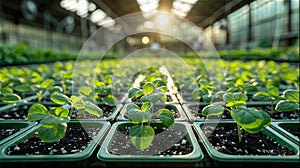 Young plants growing in trays on tables inside a modern greenhouse.