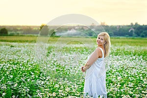 A young plump beautiful woman is resting on a chamomile field at sunset. A plus-size woman in a white sundress in a meadow with