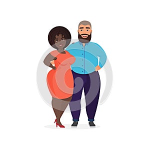 Young plus size couple standing together, happy man with beard hugging woman in red dress