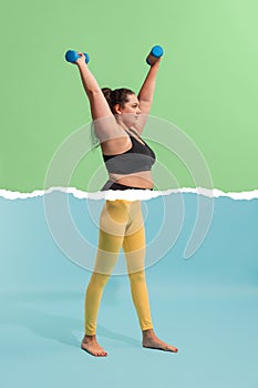 Young plus-size woman with body, legs og slim girl in weight loss process isolated on blue-green background. Weight loss