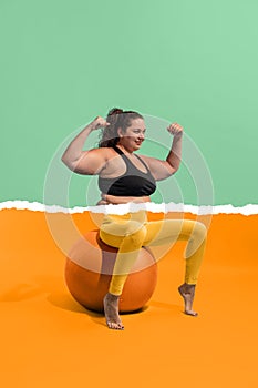 Young plus-size woman with body, legs og slim girl in weight loss process isolated on blue-yellow background. Weight