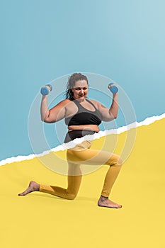 Young plus-size woman with body, legs og slim girl in weight loss process isolated on blue-yellow background. Weight
