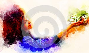 Young poetic woman with flower and softly blurred watercolor background.