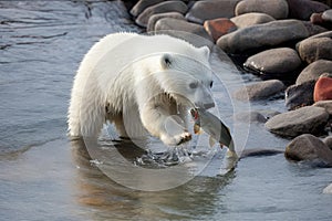 Young polar bear cub learning to fish