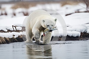 Young polar bear cub learning to fish