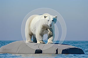 A young polar bear (Ursus maritimus) sitting on a rock in the ocean, generative ai