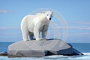 A young polar bear (Ursus maritimus) sitting on a rock in the ocean, generative ai