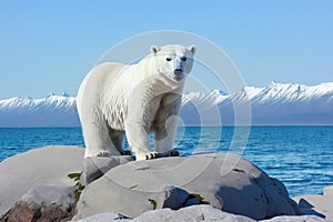 A young polar bear (Ursus maritimus) sitting on a rock in the ocean, generative ai