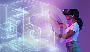 Young positive black woman in vr headset touching glowing virtual holographic cubes, enjoying modern technologies