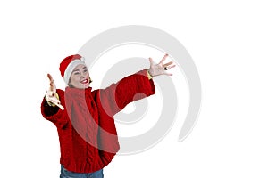 Young positive woman in christmas santa hat isolated on white background. Opening hands to receive a gift