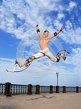 Young power jumper with stilts