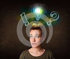 Young preety teenager with hand drawn light bulb