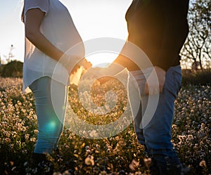 Young pregnant couple holding hands into white flowers field with the sunset and sun rays in the background