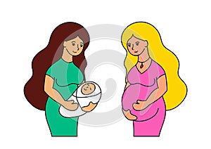 Young pregnant girl with long hair. Conversation between two mothers. Beautiful woman in a dress. Cartoon style. Simple color flat
