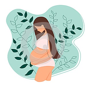 Young pregnant girl. Third trimester, girl in lingerie touches her belly. Vector illustration in flat style