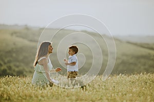 Young pregnant mother with her cute little boy in the field on beautiful sunny day