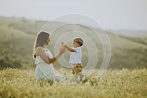 Young pregnant mother with her cute little boy in the field on beautiful sunny day