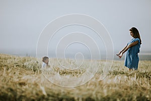 Young pregnant mother with her cute little boy in the field on beautiful sunny day