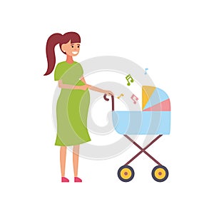 Young pregnant woman with a baby in a buggy. Mom with a stroller. Vector illustration isolated on white background