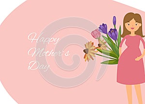 Young pregnant woman with belly and flowers on rose background for happy mothers day vector illustration.