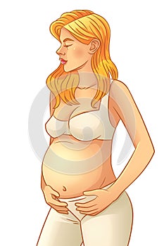 A young pregnant woman with a big belly in underwear illustration