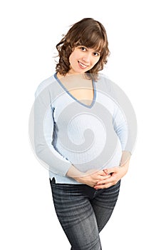 Young Pregnant Woman in Blue Blouse