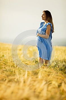 Young pregnant woman in blue dress relaxing outside in nature