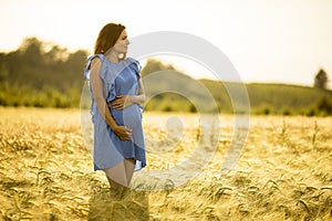 Young pregnant woman in blue dress relaxing outside in nature