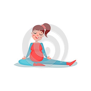 Young pregnant woman character doing stretching exercise. Yoga training for healthy pregnancy, physical activity.