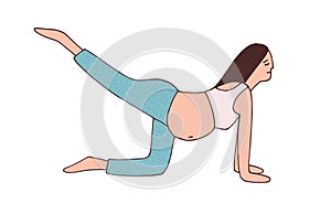 Young pregnant woman doing kick back exercise during pregnancy workout. Pilates of healthy happy mom with belly. Cat cow