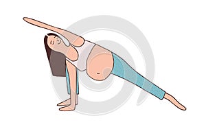 Young pregnant woman doing yoga exercise, stretching her body. Workout of happy mother with belly. Prenatal fitness