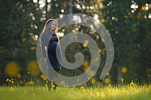 Young pregnant woman in dress standing on sunny meadow with yellow flowers in park. 9 months pregnancy. Expecting child