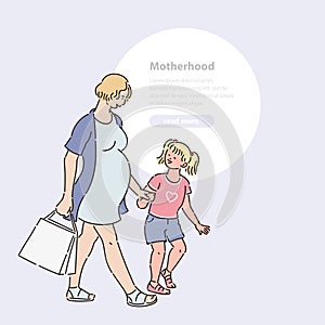 Young pregnant woman goes shopping with daughter. Walk mom child teenager in summer time vector line art illustration