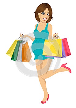 Young pregnant woman having fun with shopping bags