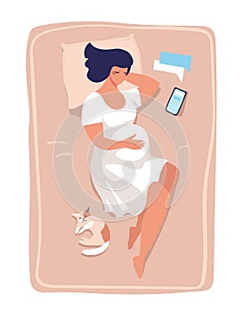 A young pregnant woman lies and sleeps on the bed. Illustration about pregnancy and childbirth, health and relaxation. Flat vector